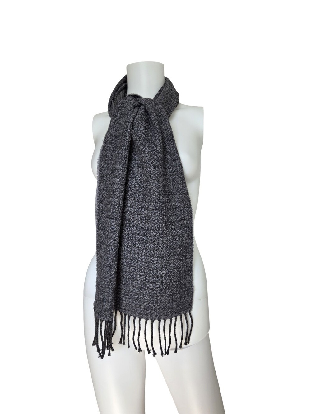 Gray Knit Scarf Wool Angora Fringe Winter Warm Neutral Made in Italy